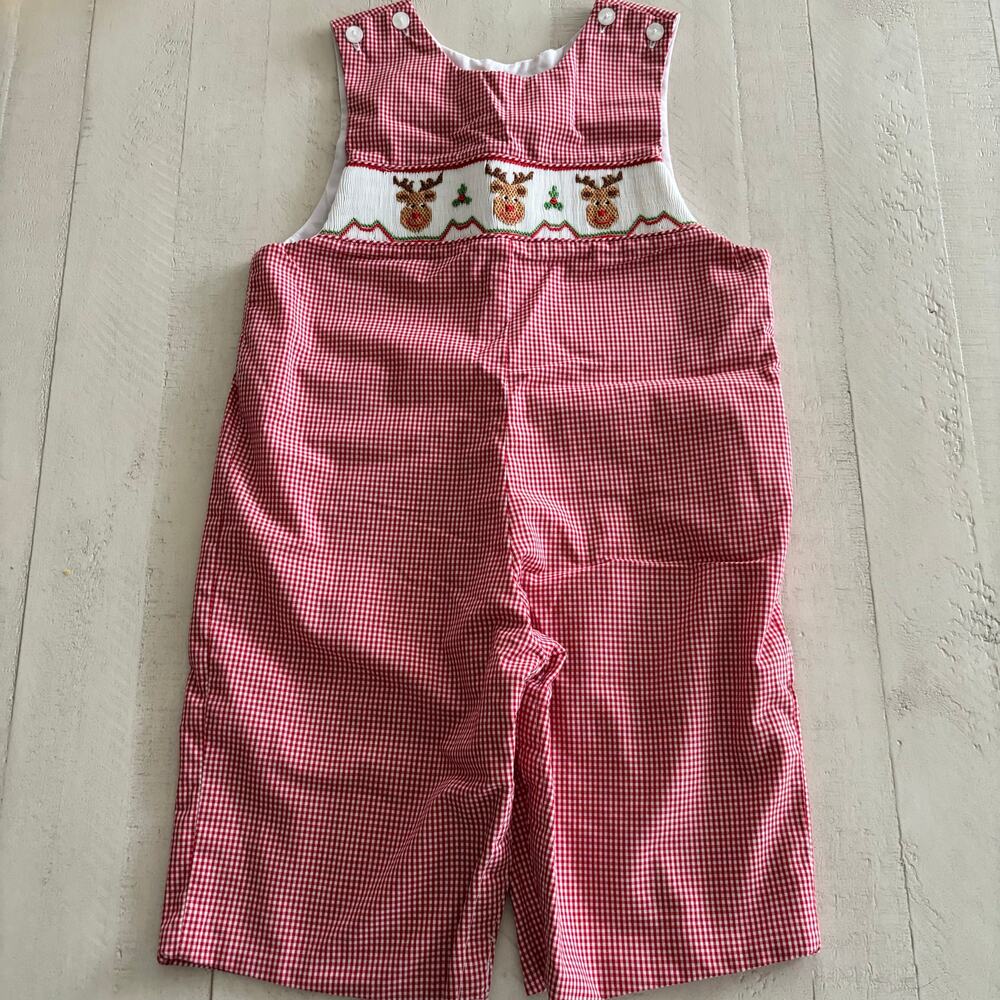 Petit Bebe Smocked Reindeer Jon Jon EUC Size 9months Hand Smocked 100% Cotton